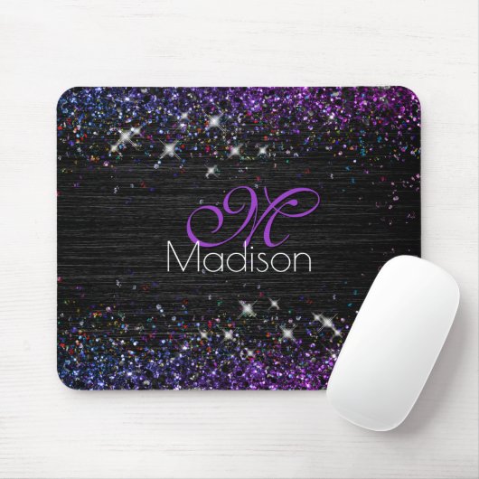 Lila Schwarz-Bürstenmetall-Glitzer-Monogramm Mousepad (Mit Mouse)