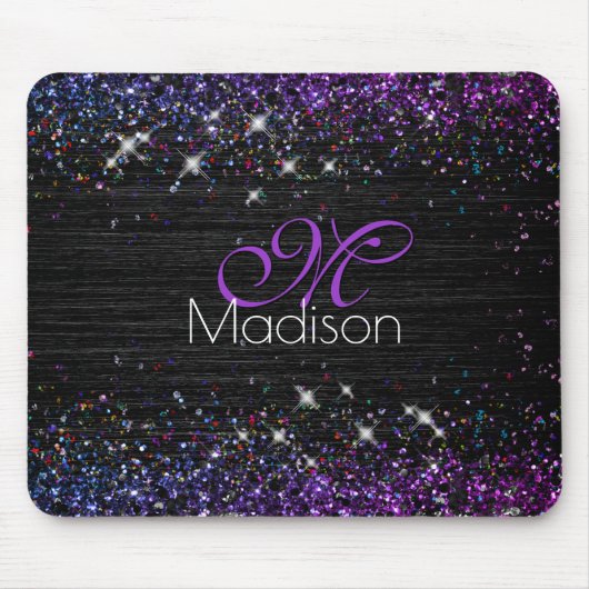 Lila Schwarz-Bürstenmetall-Glitzer-Monogramm Mousepad (Vorne)