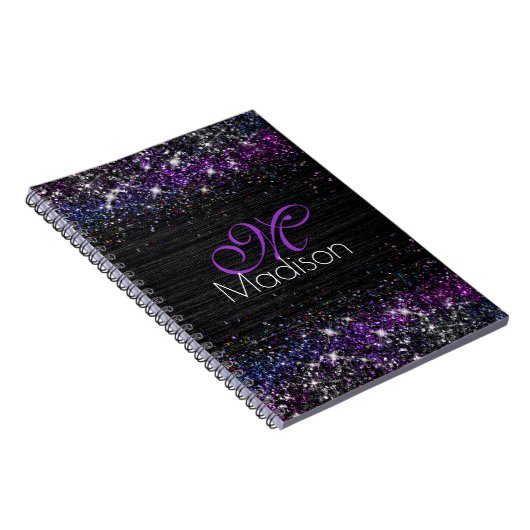 Lila Schwarz-Bürstenmetall-Glitzer-Monogramm Notizblock (Rechte Seite)