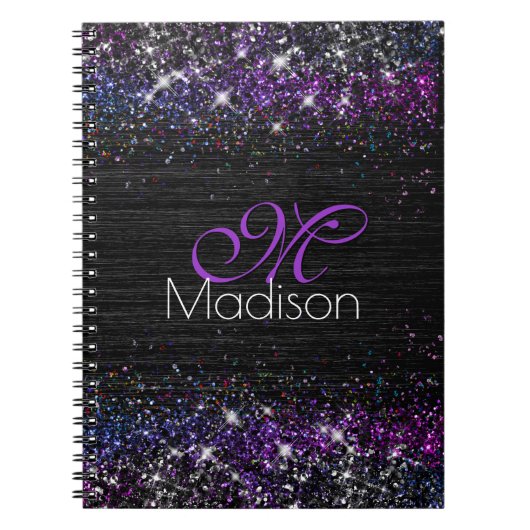 Lila Schwarz-Bürstenmetall-Glitzer-Monogramm Notizblock (Vorderseite)