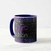 Lila Schwarz-Bürstenmetall-Glitzer-Monogramm Tasse (Vorderseite Links)