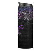 Lila Schwarz-Bürstenmetall-Glitzer-Monogramm Thermosbecher (Nach rechts gedreht)