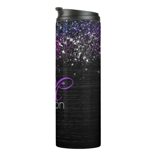Lila Schwarz-Bürstenmetall-Glitzer-Monogramm Thermosbecher (Nach rechts gedreht)