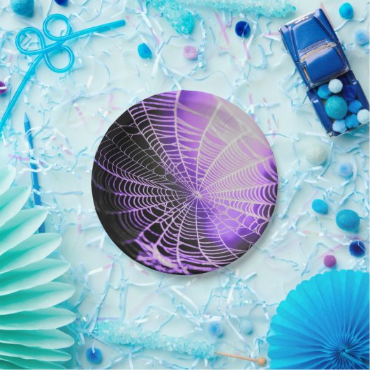 Lila Schwarz-Creepy-Spooky-Spinnennetz Pappteller (Party)