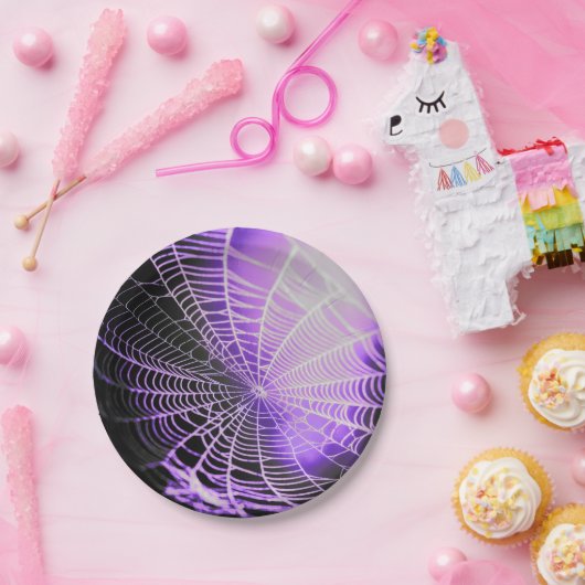 Lila Schwarz-Creepy-Spooky-Spinnennetz Pappteller (Party)