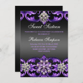 Lila/schwarz Damask & Pearl Sweet16 Einladung (Vorne/Hinten)