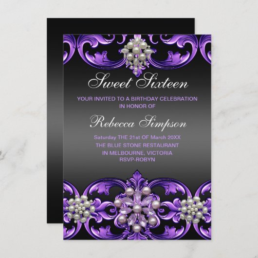 Lila/schwarz Damask & Pearl Sweet16 Einladung (Vorne/Hinten)