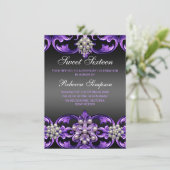 Lila/schwarz Damask & Pearl Sweet16 Einladung (Stehend Vorderseite)