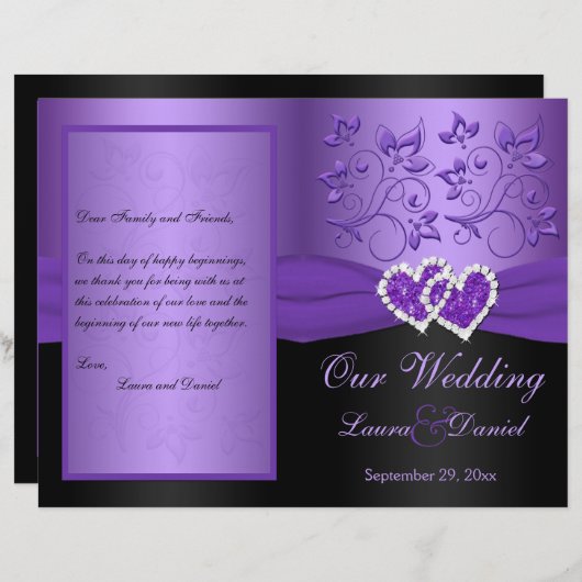 Lila, schwarz-florales Hochzeitsprogramm (Vorne/Hinten)