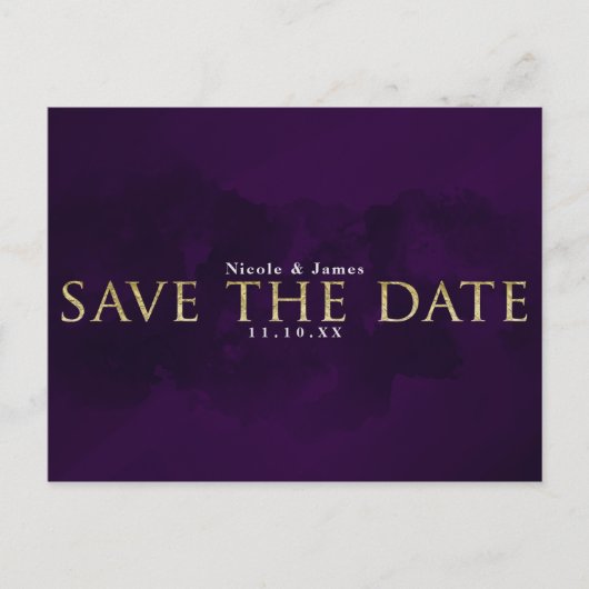 Lila Schwarz & Gold Glam Modernes Save the Date Ankündigungspostkarte (Vorderseite)