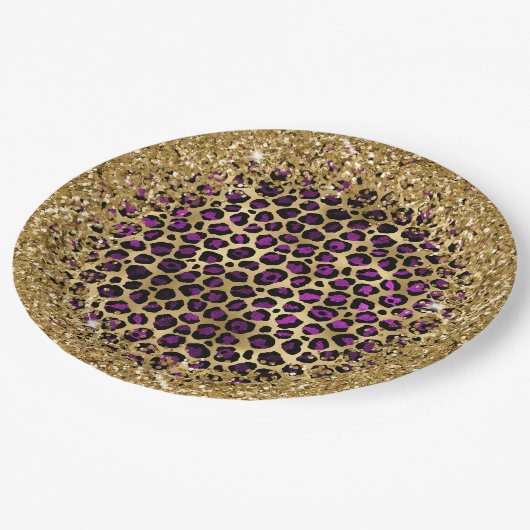 Lila Schwarz-Gold Glitterie Foil Leopard Glam Pappteller (Schrägansicht)