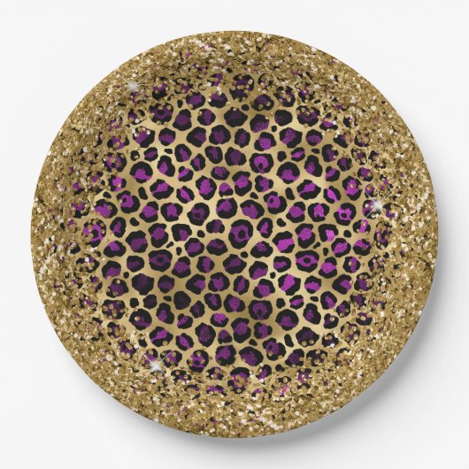 Lila Schwarz-Gold Glitterie Foil Leopard Glam Pappteller (Vorderseite)