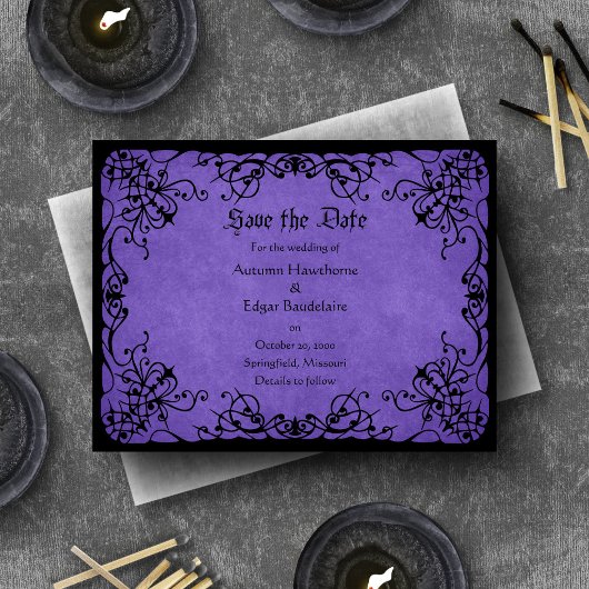 Lila Schwarz-Gotik-Hochzeit Save The Date