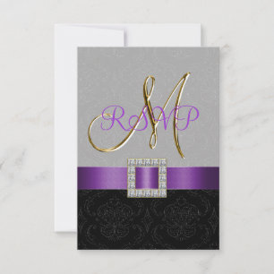 Lila Schwarz Grau Damast Gold Anfangsbuchstabe Hoc RSVP Karte