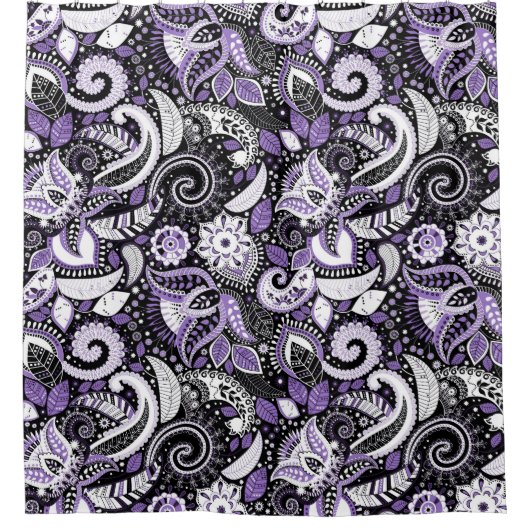 Lila Schwarz-Paisley-Druckmuster Duschvorhang (Vorderseite)
