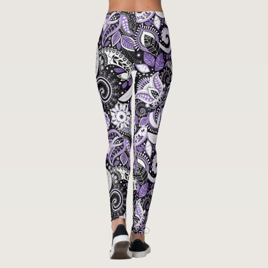 Lila Schwarz-Paisley-Druckmuster Leggings (Rückseite)