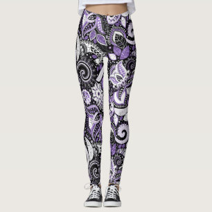 Lila Schwarz-Paisley-Druckmuster Leggings