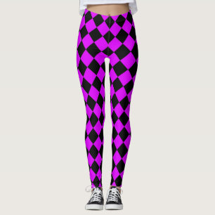 Lila Schwarz Schachbrett Diamantmuster Leggings