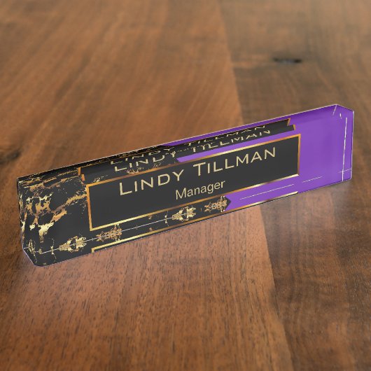 Lila-, Schwarz- und Goldmarmor Namensplakette (Seite)
