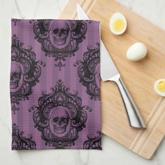 Lila-Schwarz-Viktorianisch-Skulptur-Muster Hallowe Geschirrtuch (Viertel Falte)