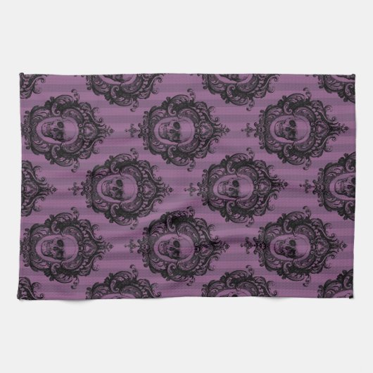 Lila-Schwarz-Viktorianisch-Skulptur-Muster Hallowe Geschirrtuch (Horizontal)