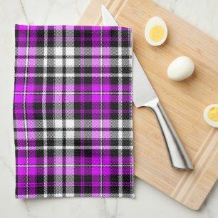 Lila Schwarz Weiß Kariertes Tartan Muster Design  Geschirrtuch
