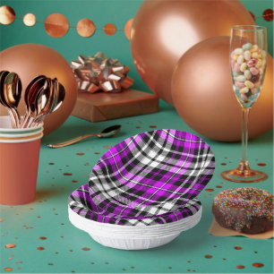 Lila Schwarz Weiß Kariertes Tartan Muster Design  Pappteller