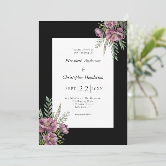 Lila Schwarz-weiße Blumenpracht Einladung (Stehend Vorderseite)