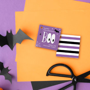 Lila Schwarz-weißer Boo Happy Halloween Geschenkanhänger