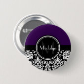 Lila Schwarz-weißer Damaselmonogramm Button (Vorne & Hinten)