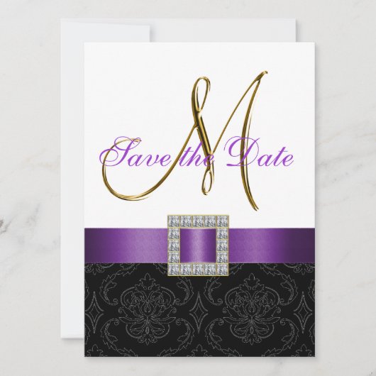 Lila Schwarz-weißer Damask Save the Date (Vorderseite)