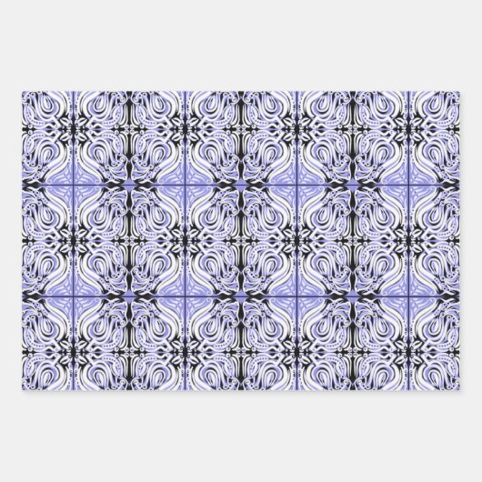 Lila Schwarz-weißes Curly Abstraktes Wiederholmust Geschenkpapier Set (Vorderseite 3)