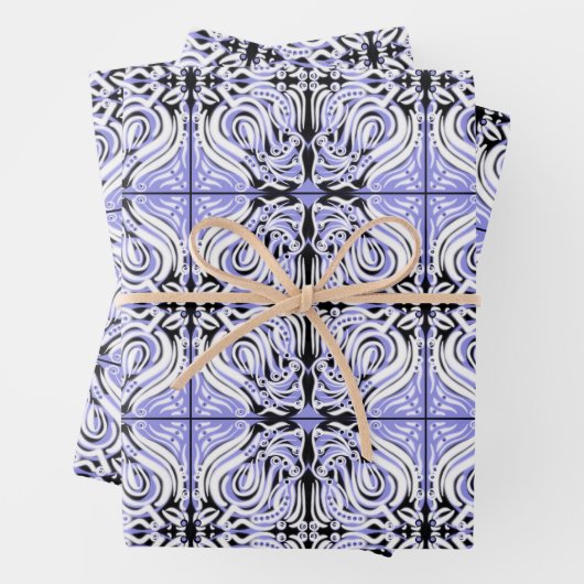 Lila Schwarz-weißes Curly Abstraktes Wiederholmust Geschenkpapier Set (Beispiel)