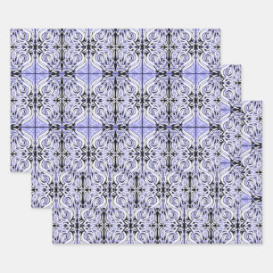 Lila Schwarz-weißes Curly Abstraktes Wiederholmust Geschenkpapier Set