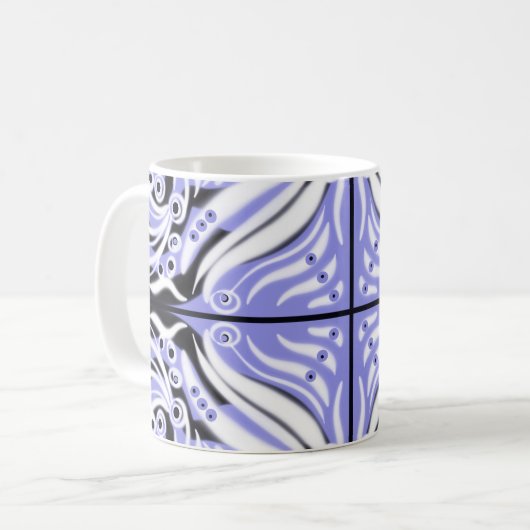 Lila Schwarz-weißes Curvy Abstraktes Muster Kaffeetasse (Vorderseite Links)