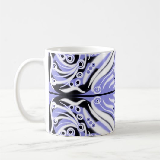 Lila Schwarz-weißes Curvy Abstraktes Muster Kaffeetasse (Links)