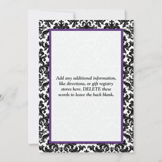 Lila Schwarz-weißes Damask Brautparty Einladung (Rückseite)
