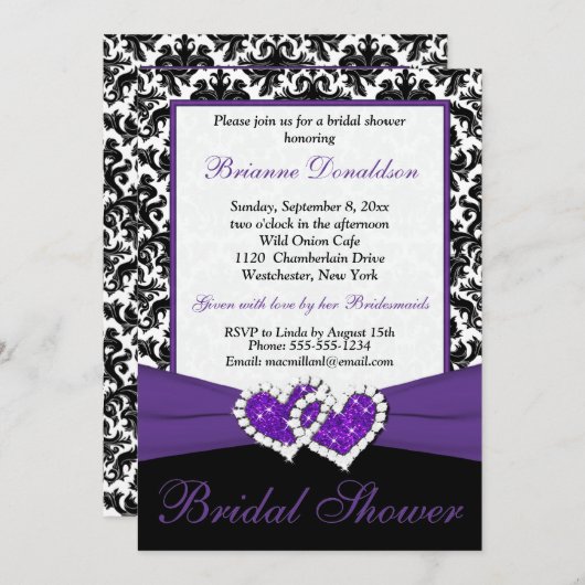 Lila Schwarz-weißes Damask Brautparty Einladung (Vorne/Hinten)