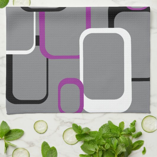 Lila Schwarz-weißes Retro-Quadrat-Muster Geschirrtuch (Gefaltet)