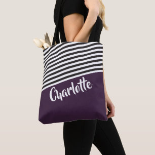 Lila Schwarz-weißes Streifenmuster Personalisiert Tasche