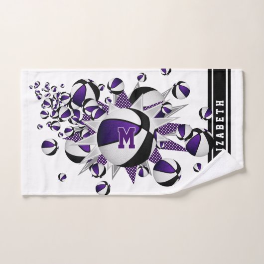 lila schwarze Basketball-Stars mit Monogramm Handtuch (Handtuch)