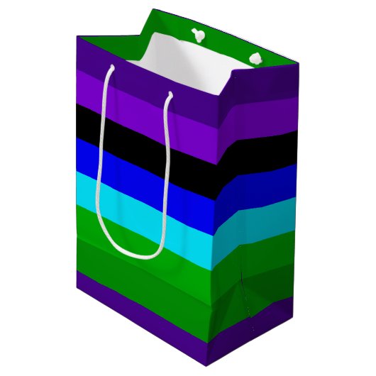 Lila, schwarze, blaue und grüne Streifen Mittlere Geschenktüte (Vorderseite Schrägansicht)