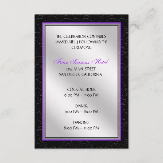 Lila schwarze Damaske Diamant Empfang-Karte Begleitkarte (Rückseite)