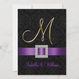 Lila-schwarze Damast-Gold-Initialen M Hochzeitsein Einladung