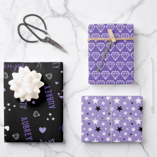 Lila schwarze Diamanten tragen Sterne und tragen N Geschenkpapier Set
