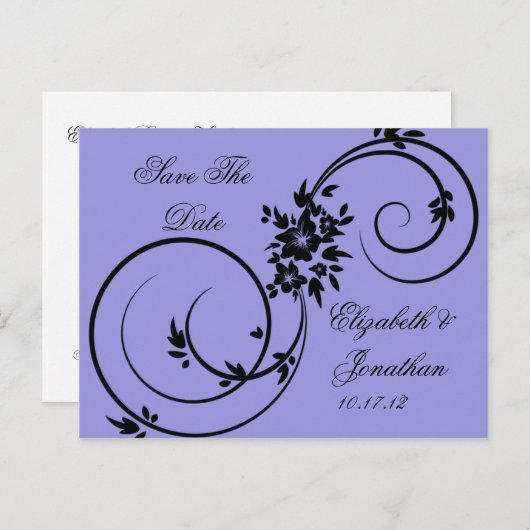 Lila schwarze Flora-Wirbel Save the Date Ankündigungspostkarte (Vorne/Hinten)