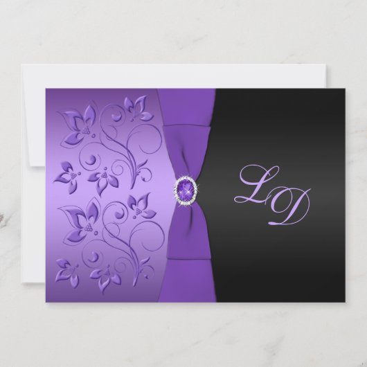 Lila, schwarze Floral Monogramm Hochzeitseinladung Einladung (Vorderseite)