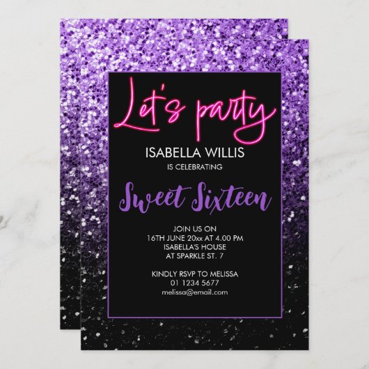 Lila schwarze Glitzern Sweet 16 neon lasse Party Einladung (Vorne/Hinten)