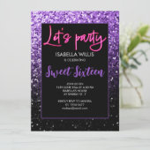 Lila schwarze Glitzern Sweet 16 neon lasse Party Einladung (Stehend Vorderseite)