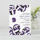 lila schwarze Mannschaft spielt Volleyball Geburts Einladung (Stehend Vorderseite)